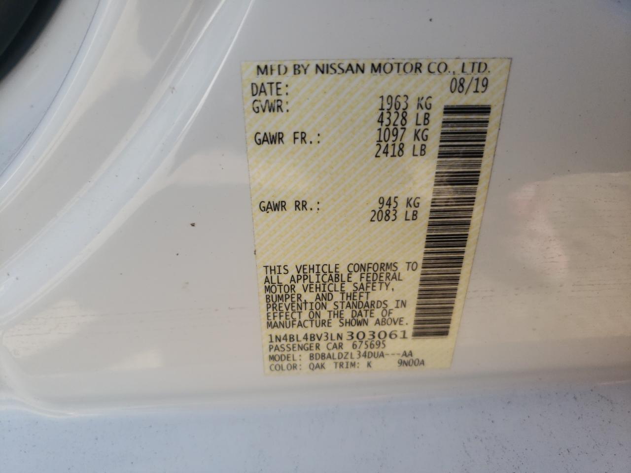 Photo 10 from auction – 2020 NISSAN ALTIMA S with VIN 1N4BL4BV3LN303061