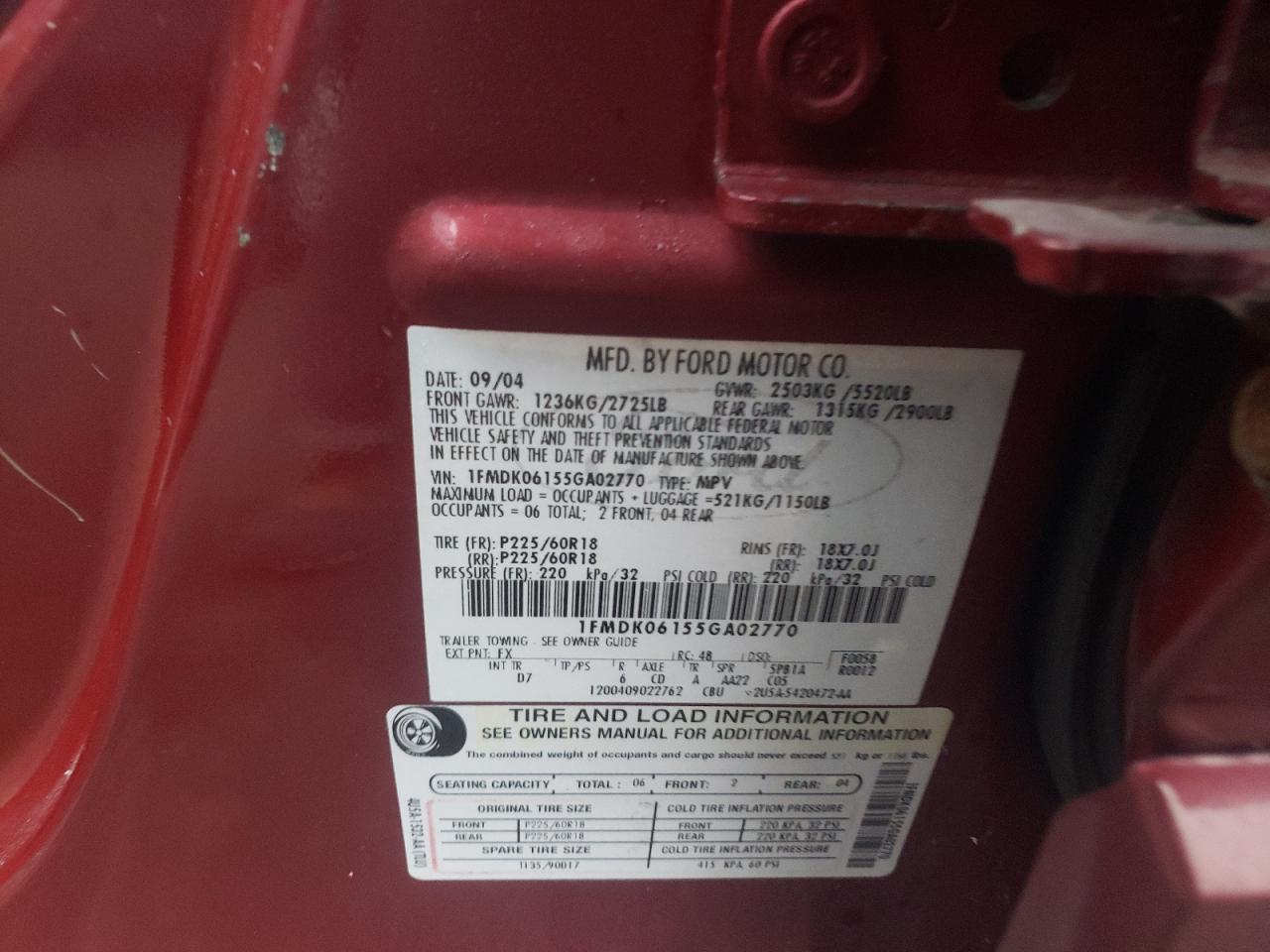 Photo 10 from auction – 2005 FORD FREESTYLE with VIN 1FMDK06155GA02770