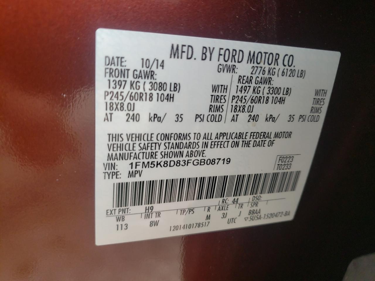 Photo 10 from auction – 2015 FORD EXPLORER X with VIN 1FM5K8D83FGB08719