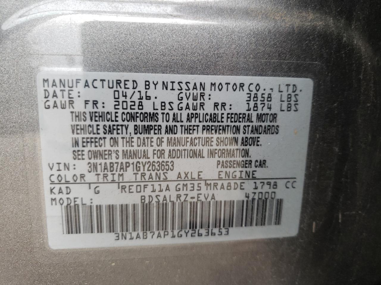 Photo 10 from auction – 2016 NISSAN SENTRA S with VIN 3N1AB7AP1GY263653
