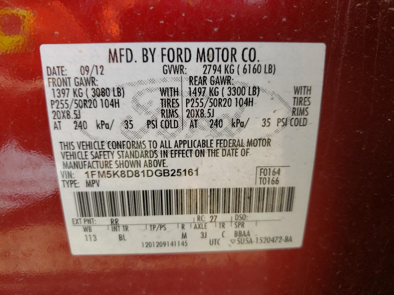 Photo 10 from auction – 2013 FORD EXPLORER X with VIN 1FM5K8D81DGB25161