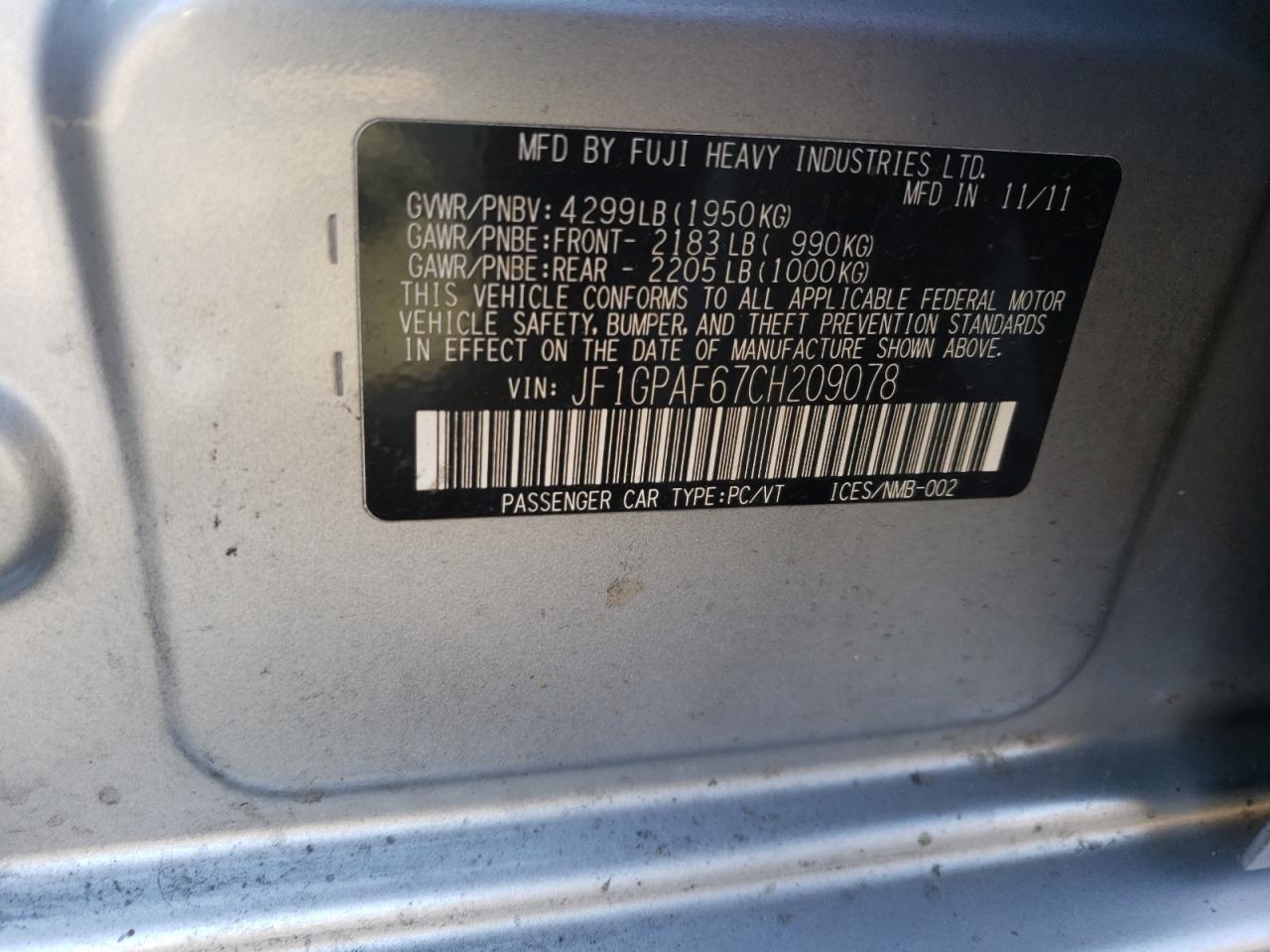 Photo 10 from auction – 2012 SUBARU IMPREZA PR with VIN JF1GPAF67CH209078