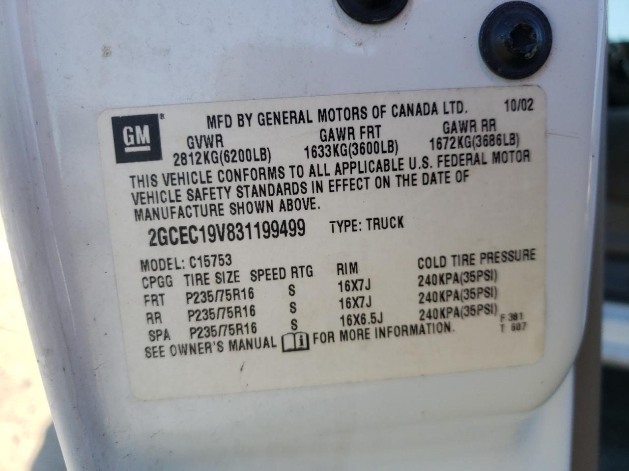 Photo 10 from auction – 2003 CHEVROLET SILVERADO with VIN 2GCEC19V831199499