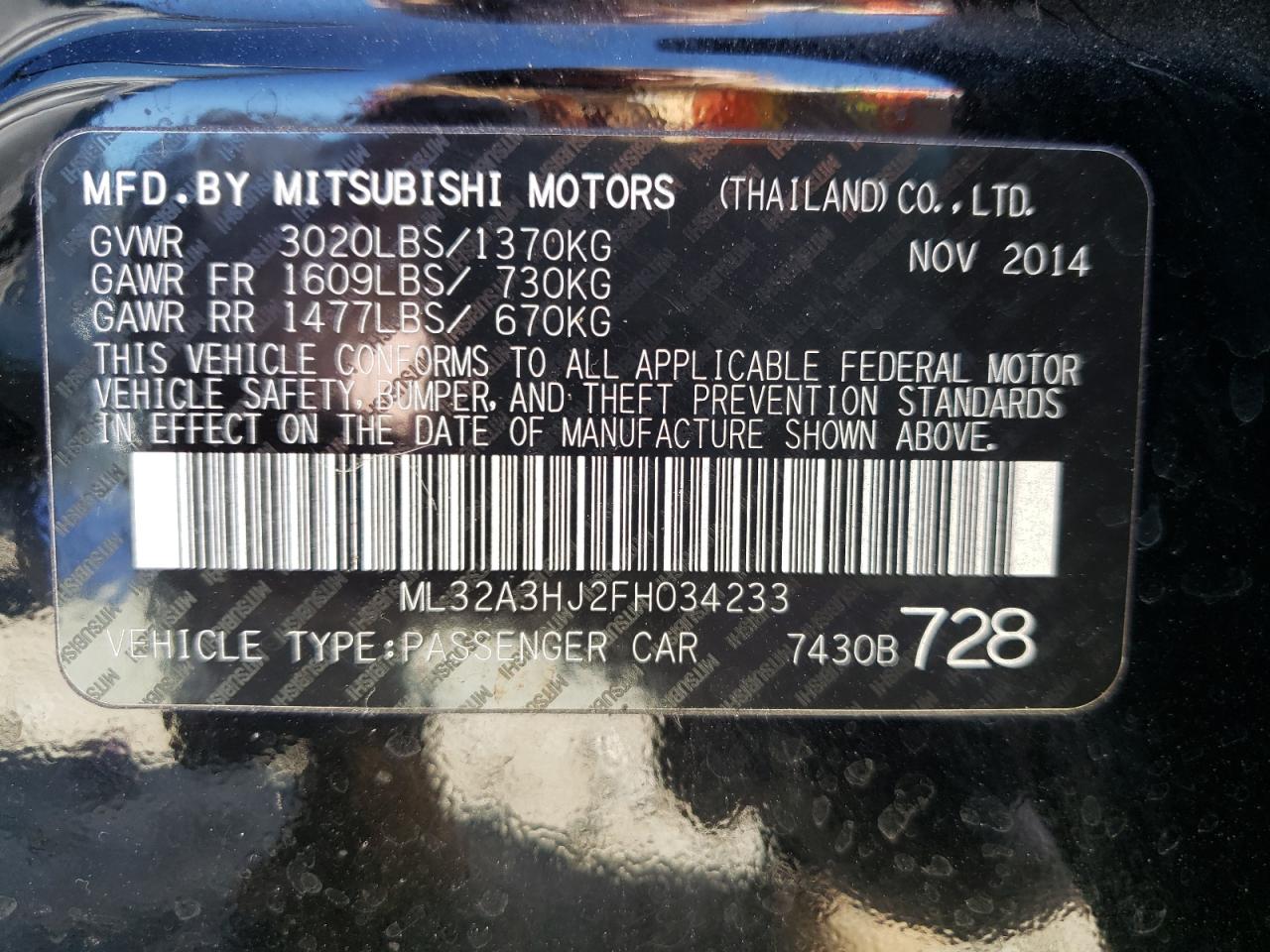 Photo 10 from auction – 2015 MITSUBISHI MIRAGE DE with VIN ML32A3HJ2FH034233