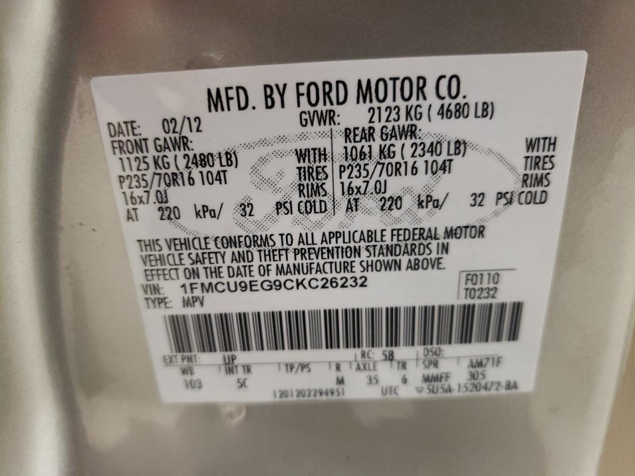 Photo 10 from auction – 2012 FORD ESCAPE LIM with VIN 1FMCU9EG9CKC26232