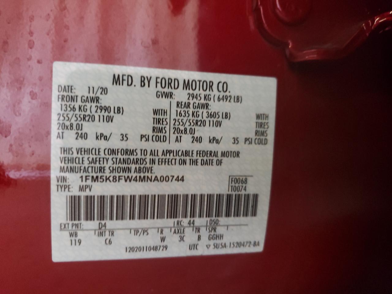 Photo 10 from auction – 2021 FORD EXPLORER L with VIN 1FM5K8FW4MNA00744