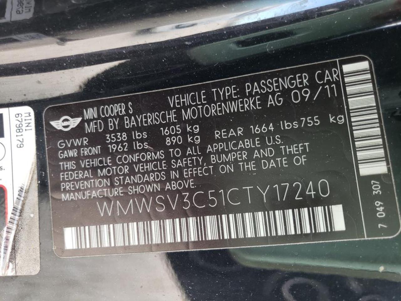Photo 10 from auction – 2012 MINI COOPER S with VIN WMWSV3C51CTY17240
