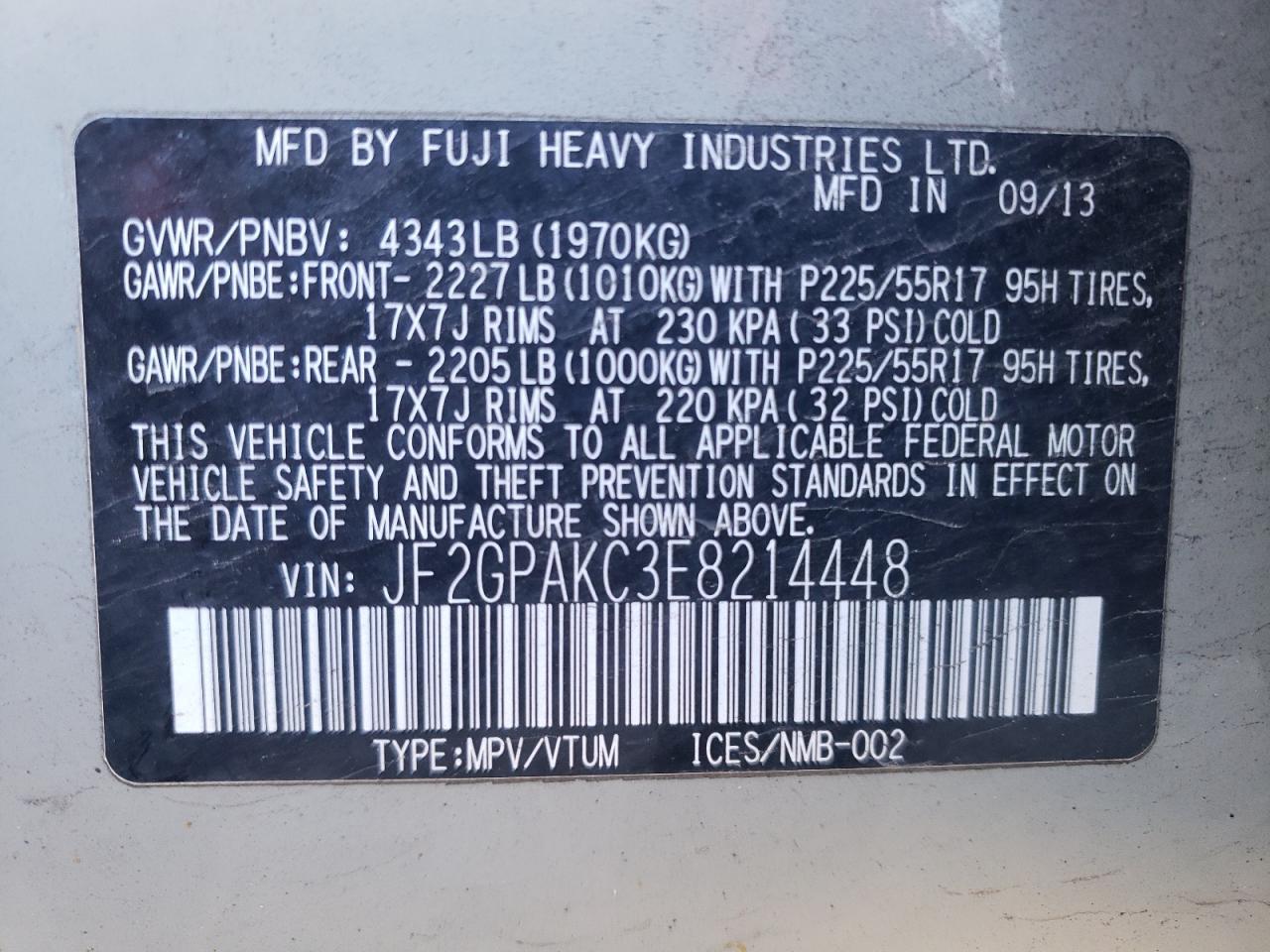 Photo 10 from auction – 2014 SUBARU XV CROSSTR with VIN JF2GPAKC3E8214448