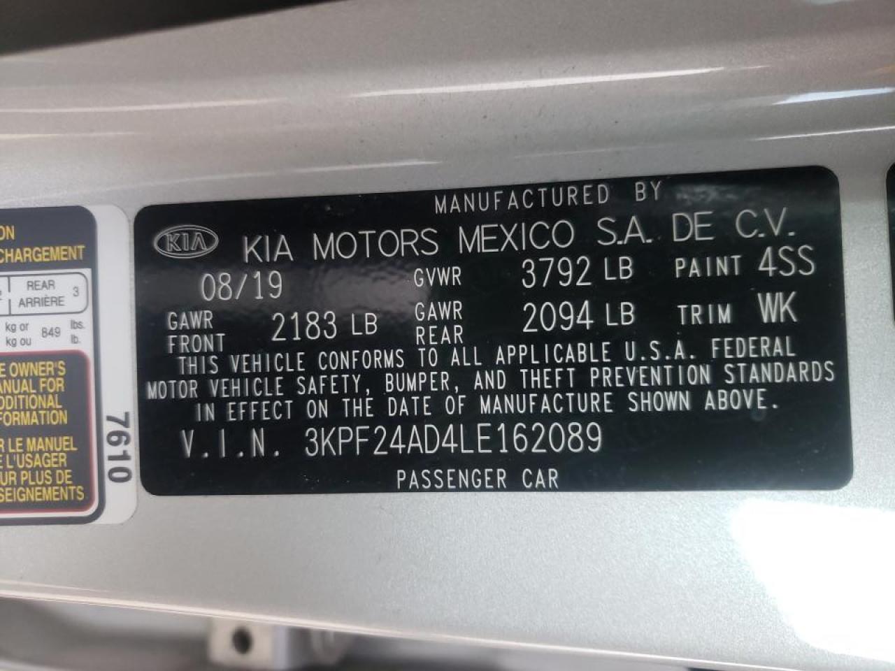 Photo 10 from auction – 2020 KIA FORTE FE with VIN 3KPF24AD4LE162089