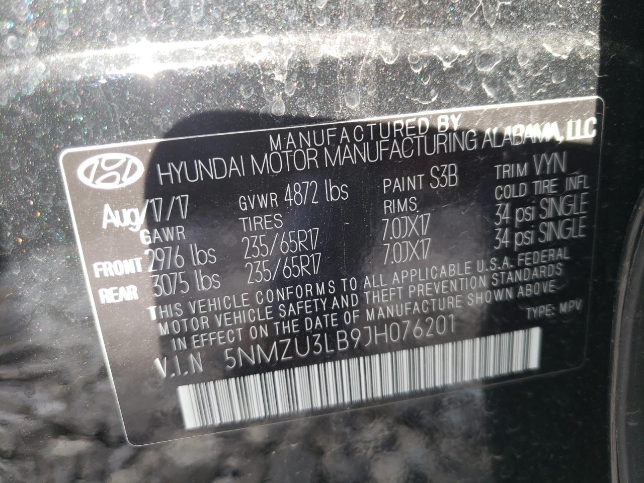 Photo 10 from auction – 2018 HYUNDAI SANTA FE S with VIN 5NMZU3LB9JH076201