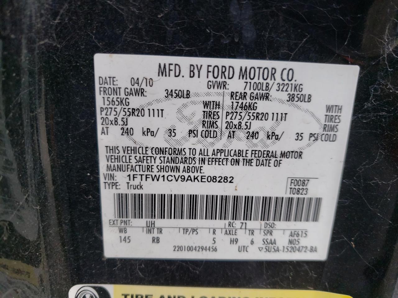 Photo 10 from auction – 2010 FORD F150 SUPER with VIN 1FTFW1CV9AKE08282