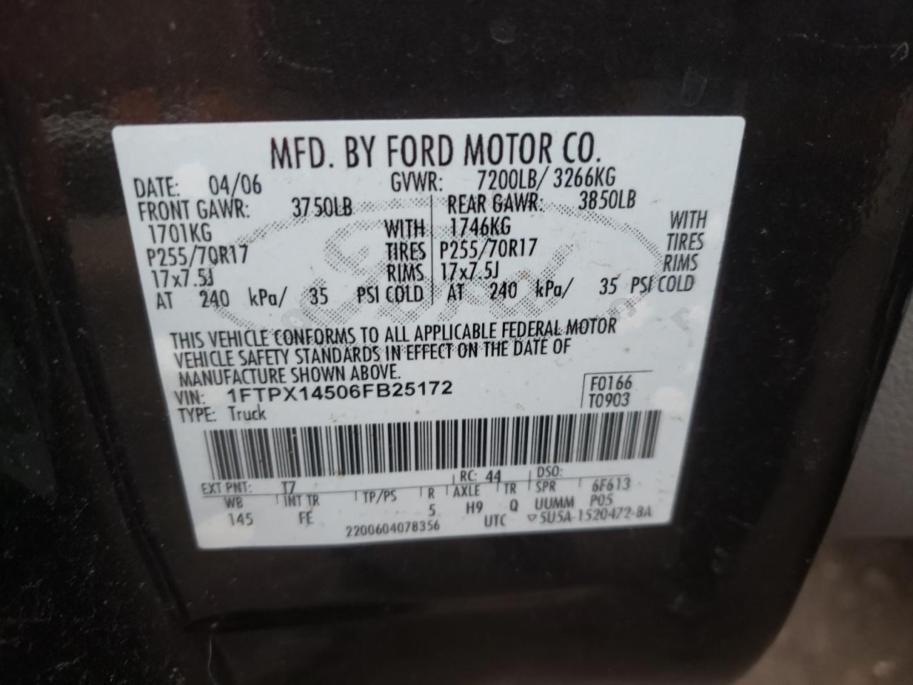 Photo 10 from auction – 2006 FORD F150 with VIN 1FTPX14506FB25172