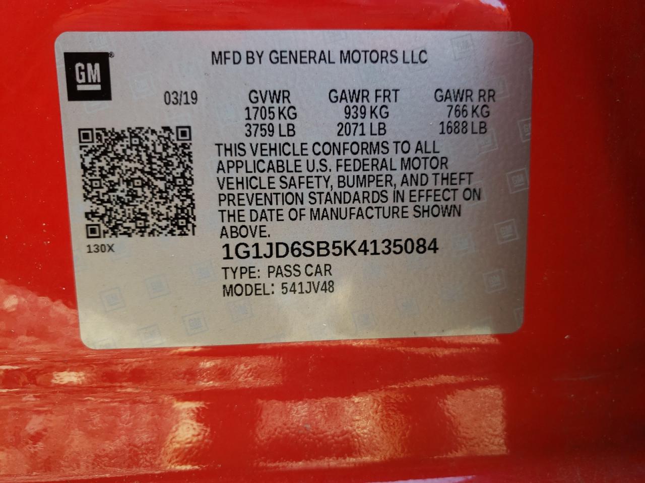 Photo 10 from auction – 2019 CHEVROLET SONIC LT with VIN 1G1JD6SB5K4135084