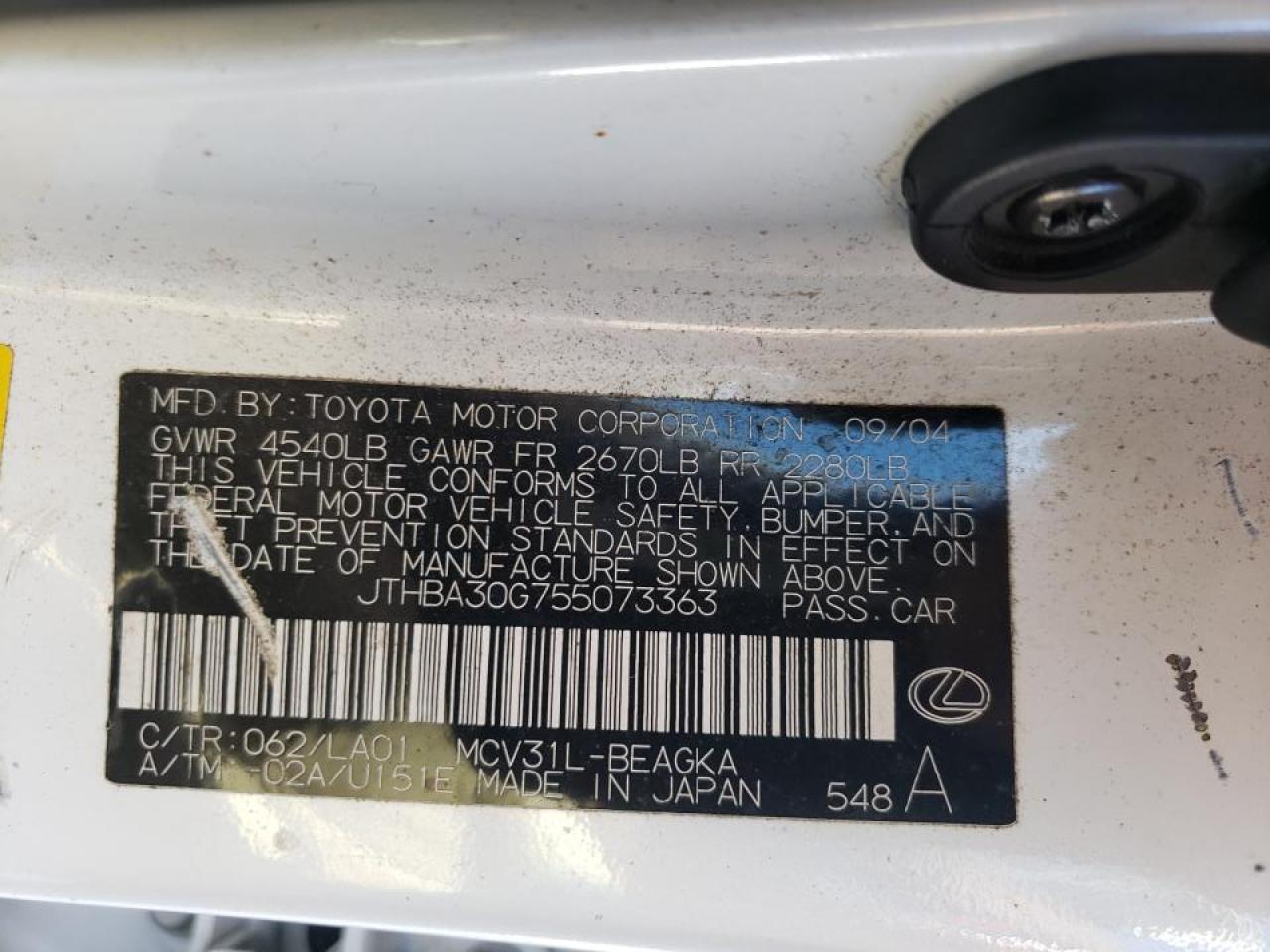 Photo 10 from auction – 2005 LEXUS ES 330 with VIN JTHBA30G755073363
