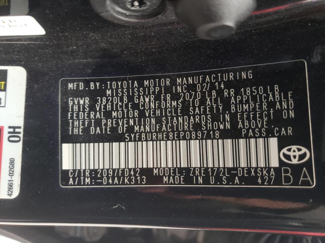 Photo 10 from auction – 2014 TOYOTA COROLLA L with VIN 5YFBURHE8EP089718
