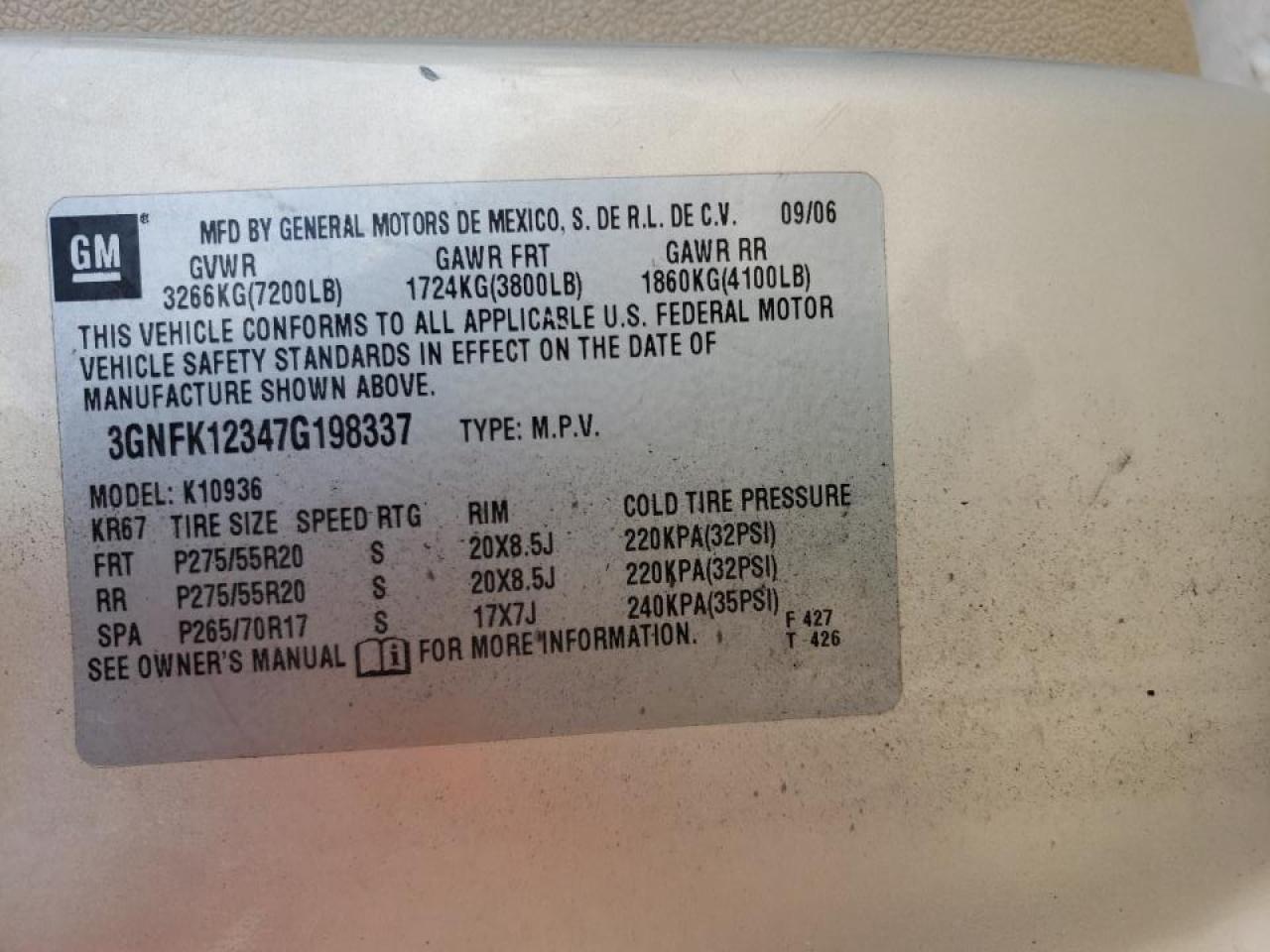 Foto 10 de la subasta – 2007 CHEVROLET AVALANCHE con VIN 3GNFK12347G198337