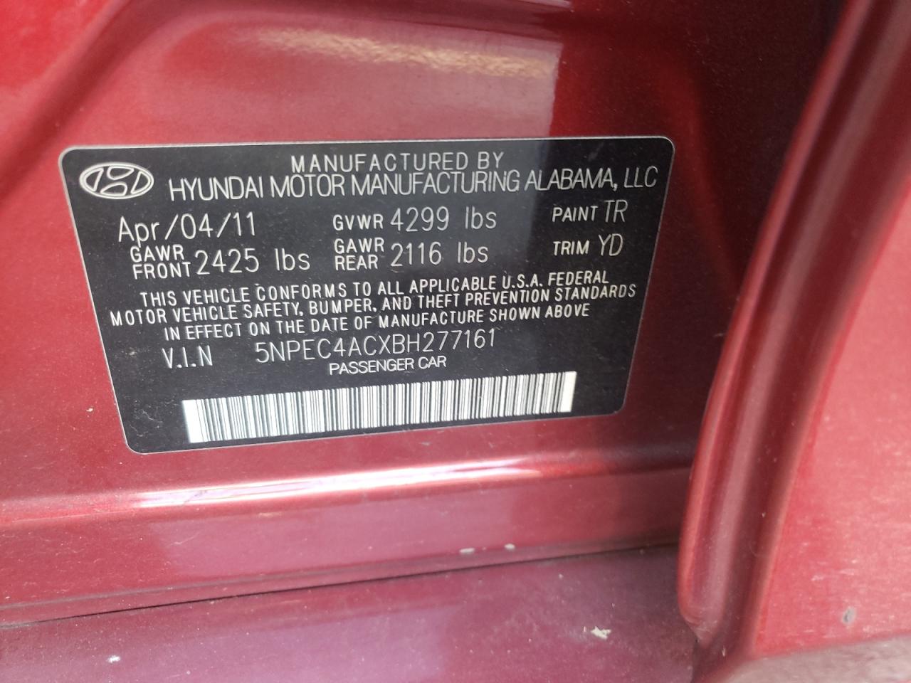 Photo 10 from auction – 2011 HYUNDAI SONATA SE with VIN 5NPEC4ACXBH277161