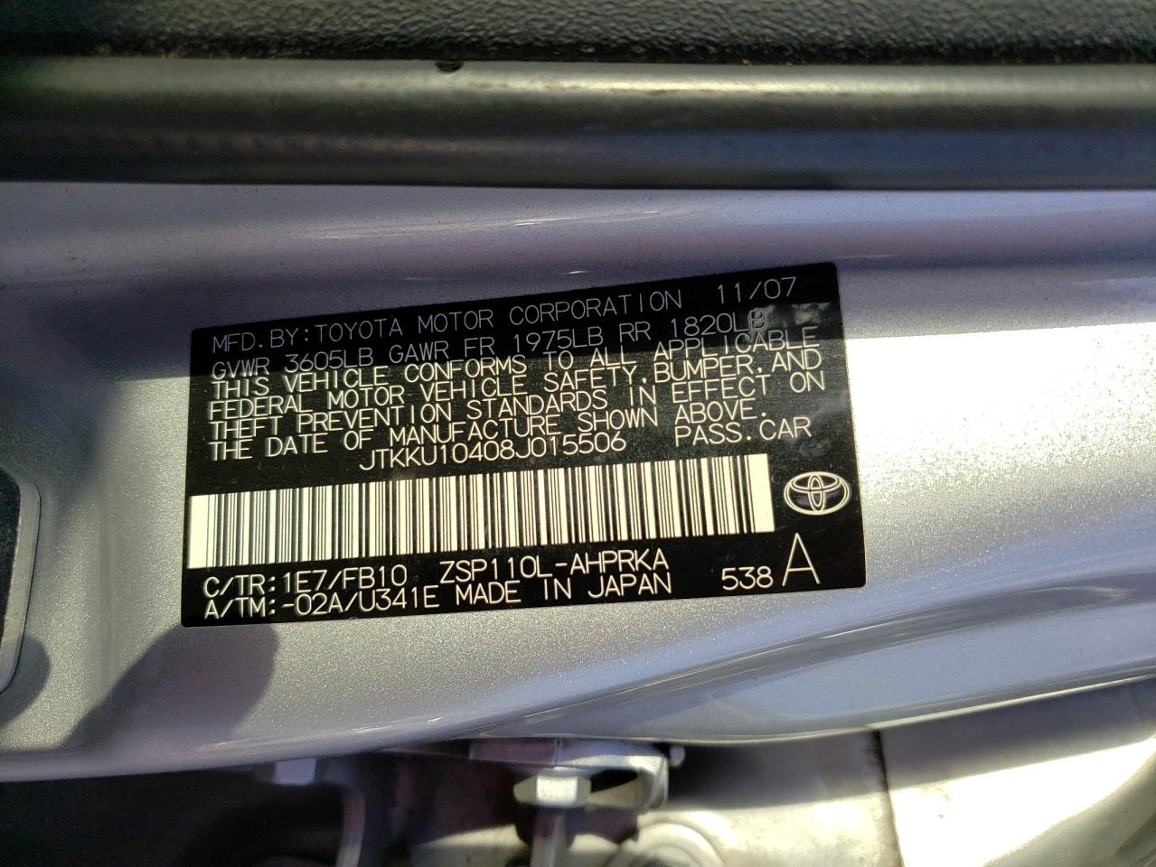Photo 10 from auction – 2008 TOYOTA SCION XD with VIN JTKKU10408J015506