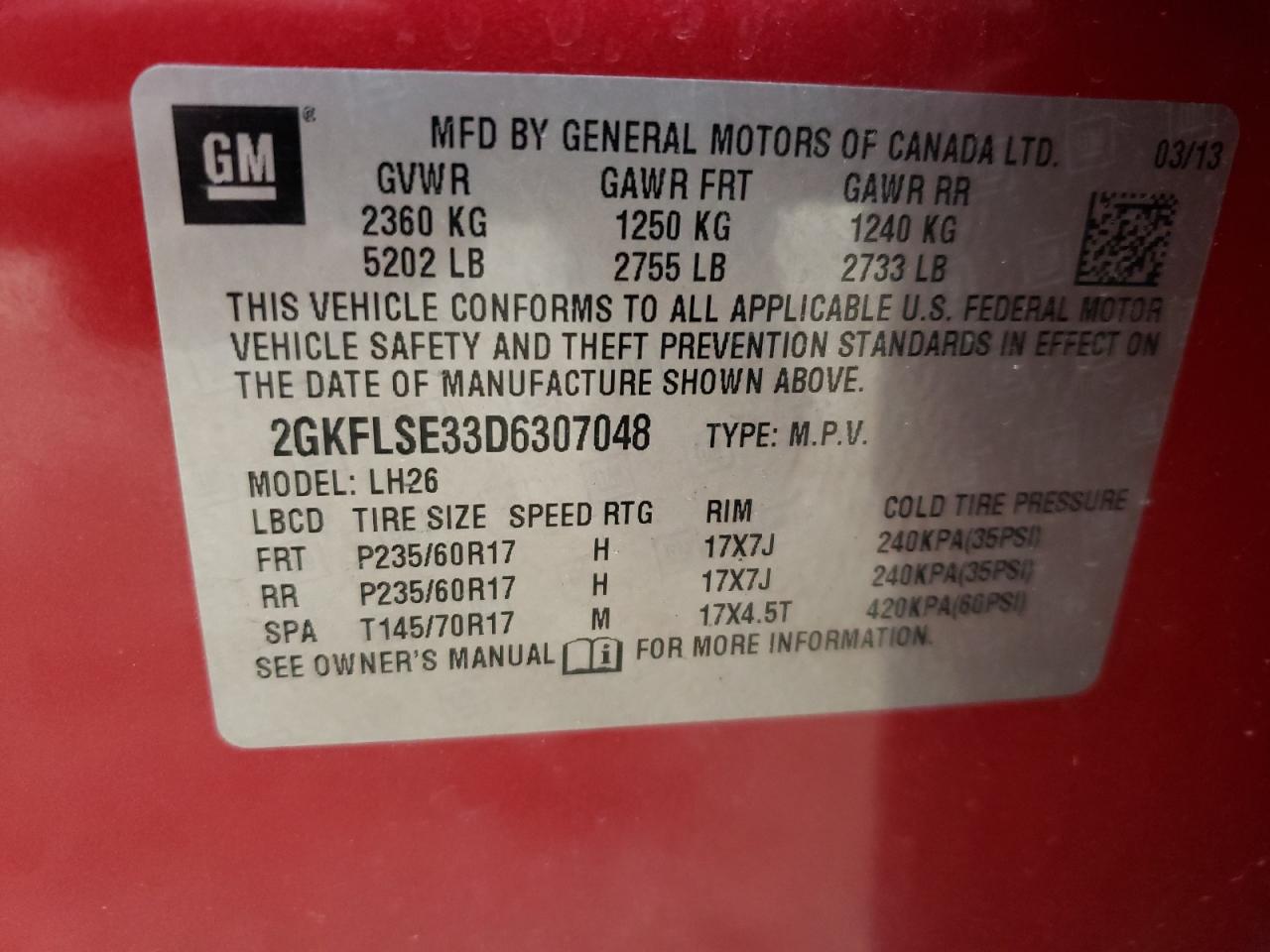 Photo 10 from auction – 2013 GMC TERRAIN SL with VIN 2GKFLSE33D6307048