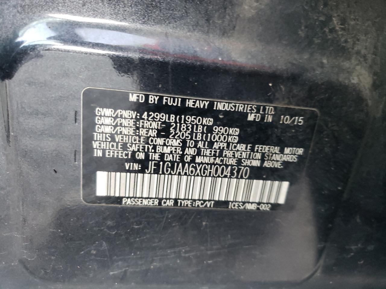Photo 10 from auction – 2016 SUBARU IMPREZA with VIN JF1GJAA6XGH004370