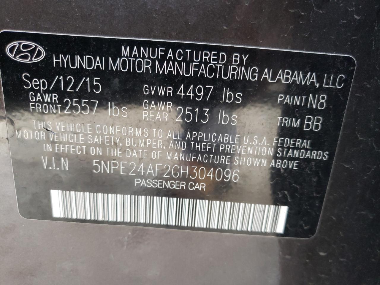 Photo 10 from auction – 2016 HYUNDAI SONATA SE with VIN 5NPE24AF2GH304096