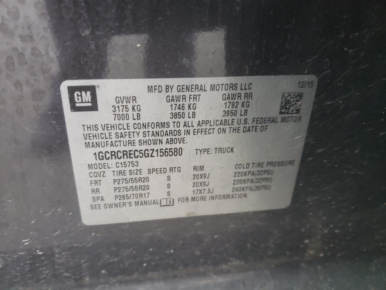 Photo 10 from auction – 2016 CHEVROLET SILVERADO with VIN 1GCRCREC5GZ156580