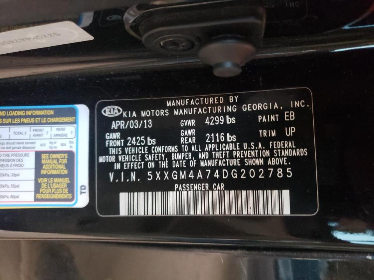 Photo 10 from auction – 2013 KIA OPTIMA LX with VIN 5XXGM4A74DG202785