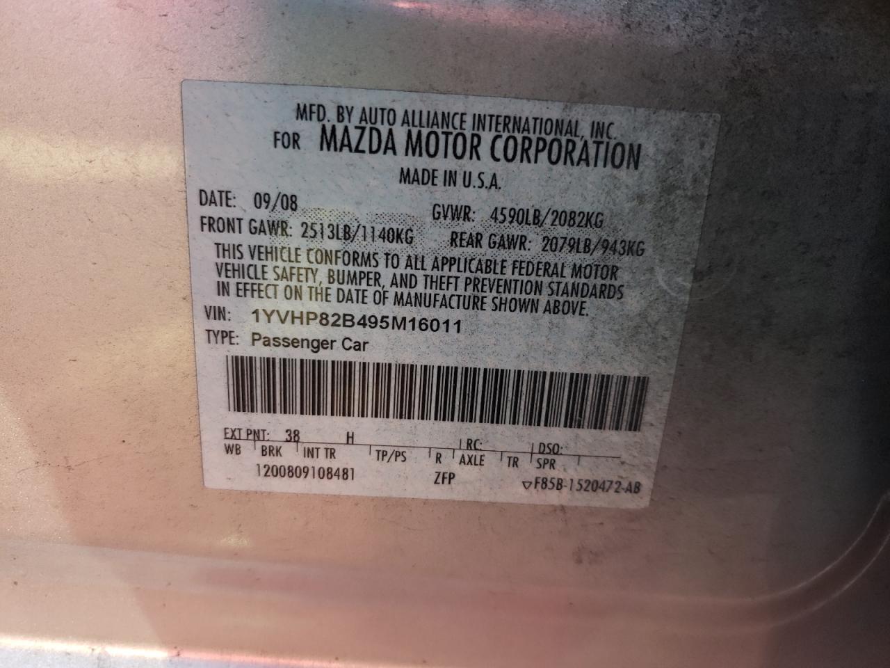 Photo 10 from auction – 2009 MAZDA 6 S with VIN 1YVHP82B495M16011