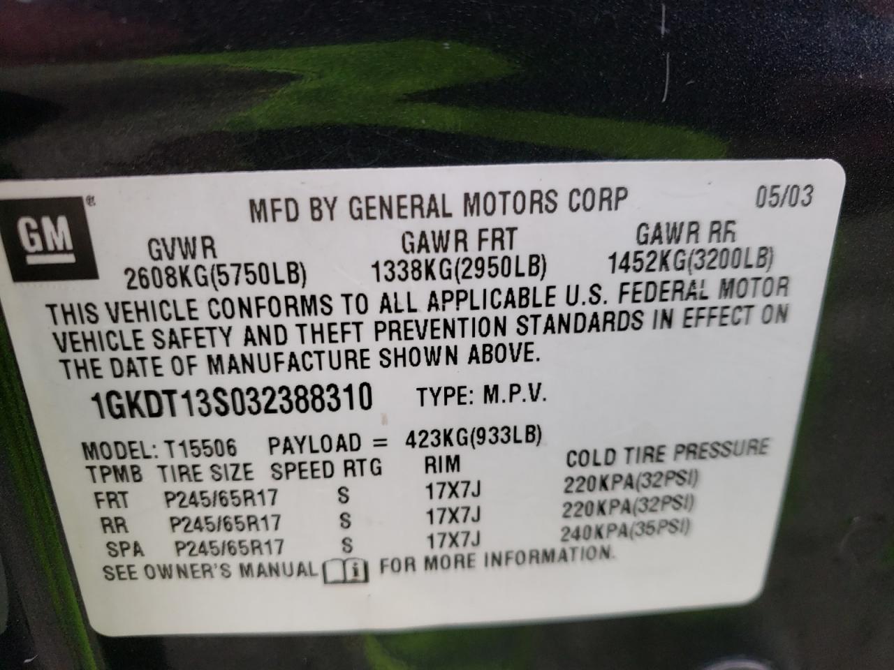 Photo 10 from auction – 2003 GMC ENVOY with VIN 1GKDT13S032388310