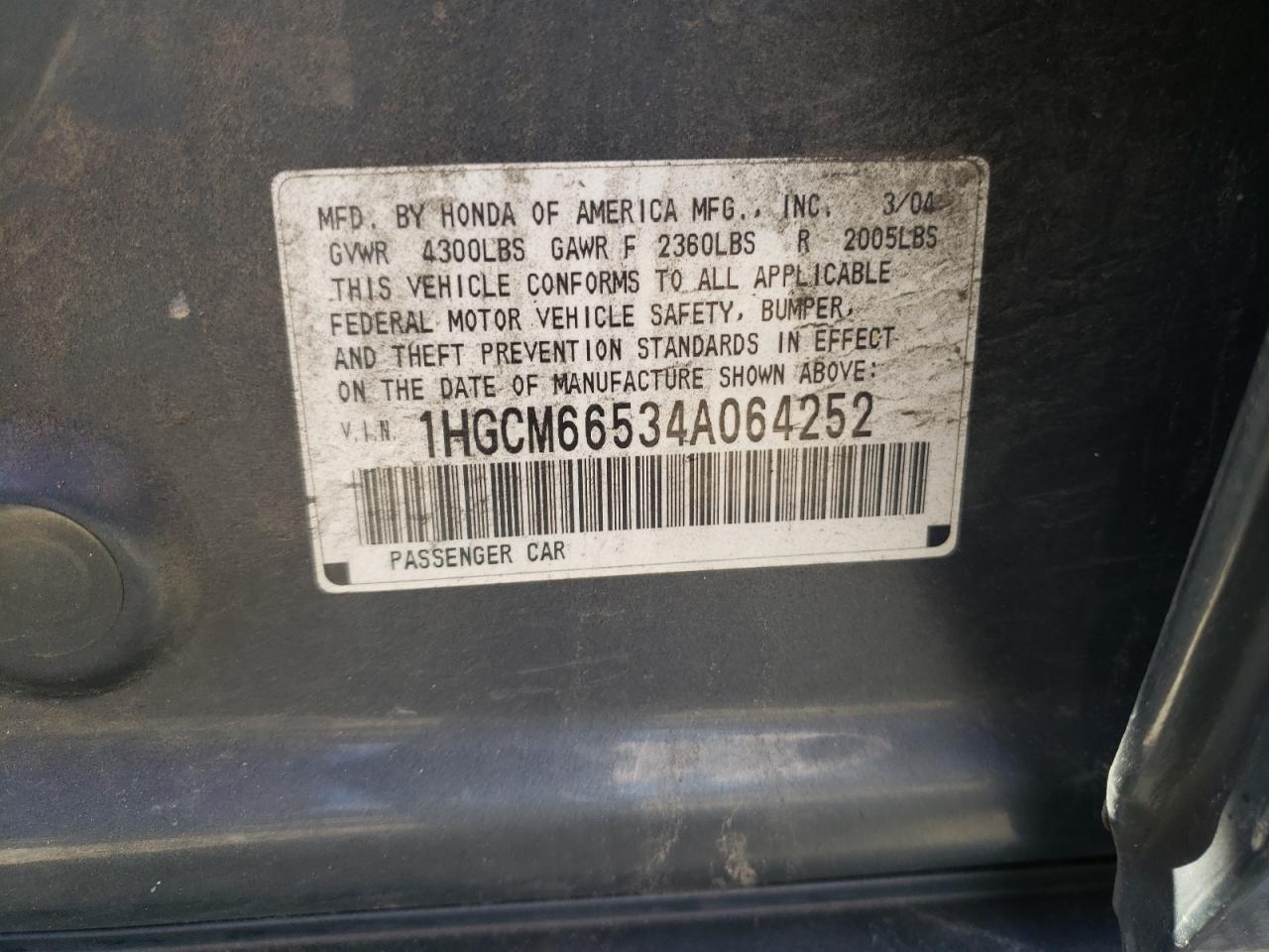Photo 10 from auction – 2004 HONDA ACCORD EX with VIN 1HGCM66534A064252
