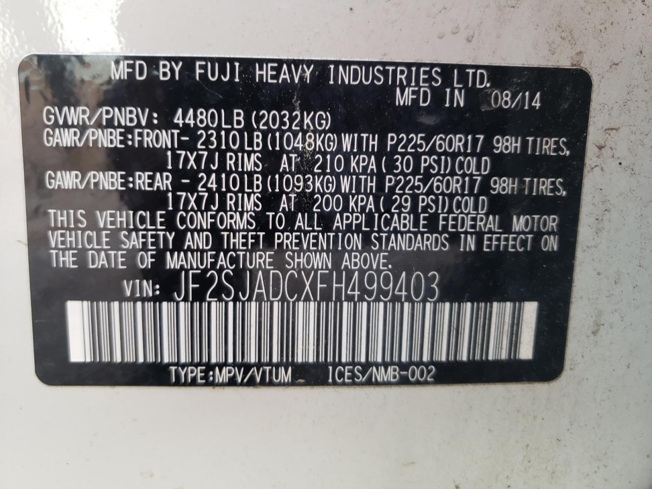 Photo 10 from auction – 2015 SUBARU FORESTER 2 with VIN JF2SJADCXFH499403