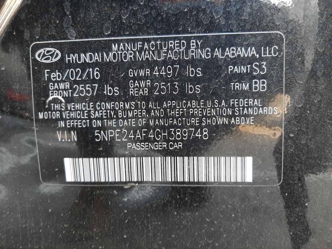 Photo 10 from auction – 2016 HYUNDAI SONATA SE with VIN 5NPE24AF4GH389748