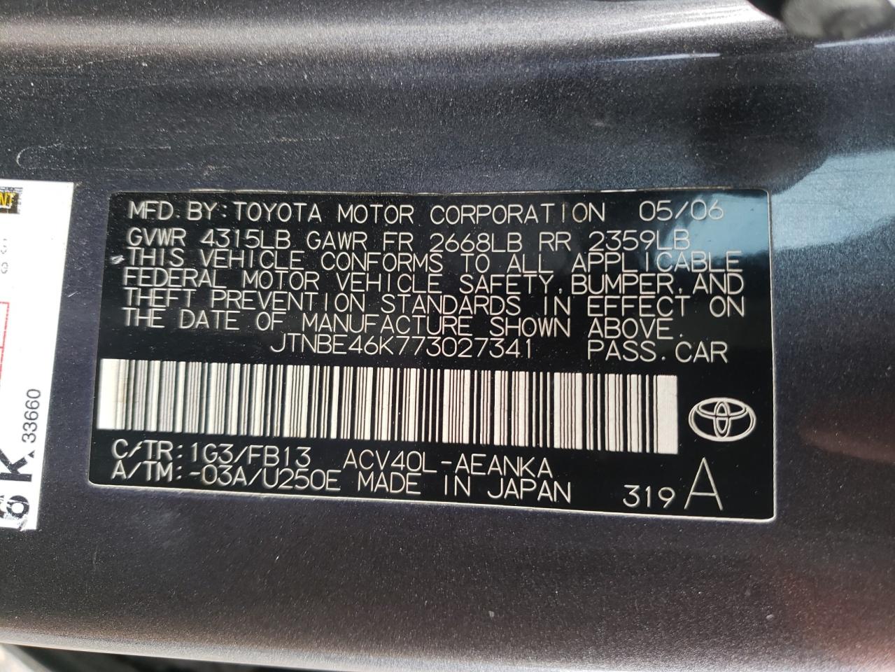 Photo 10 from auction – 2007 TOYOTA CAMRY CE with VIN JTNBE46K773027341