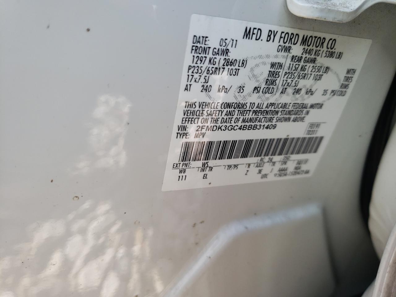 Photo 10 from auction – 2011 FORD EDGE SE with VIN 2FMDK3GC4BBB31409