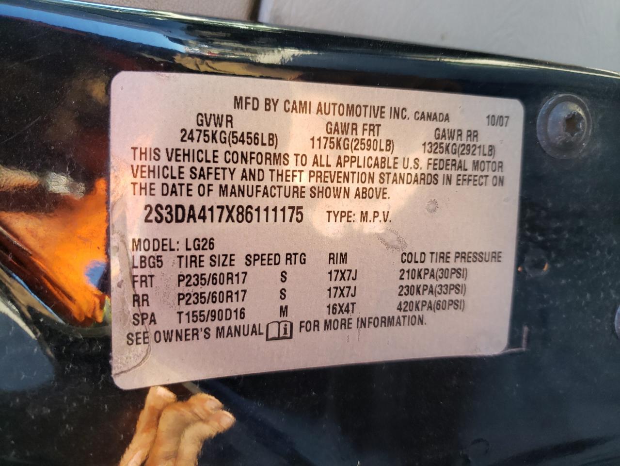 Photo 10 from auction – 2008 SUZUKI XL7 LUXURY with VIN 2S3DA417X86111175