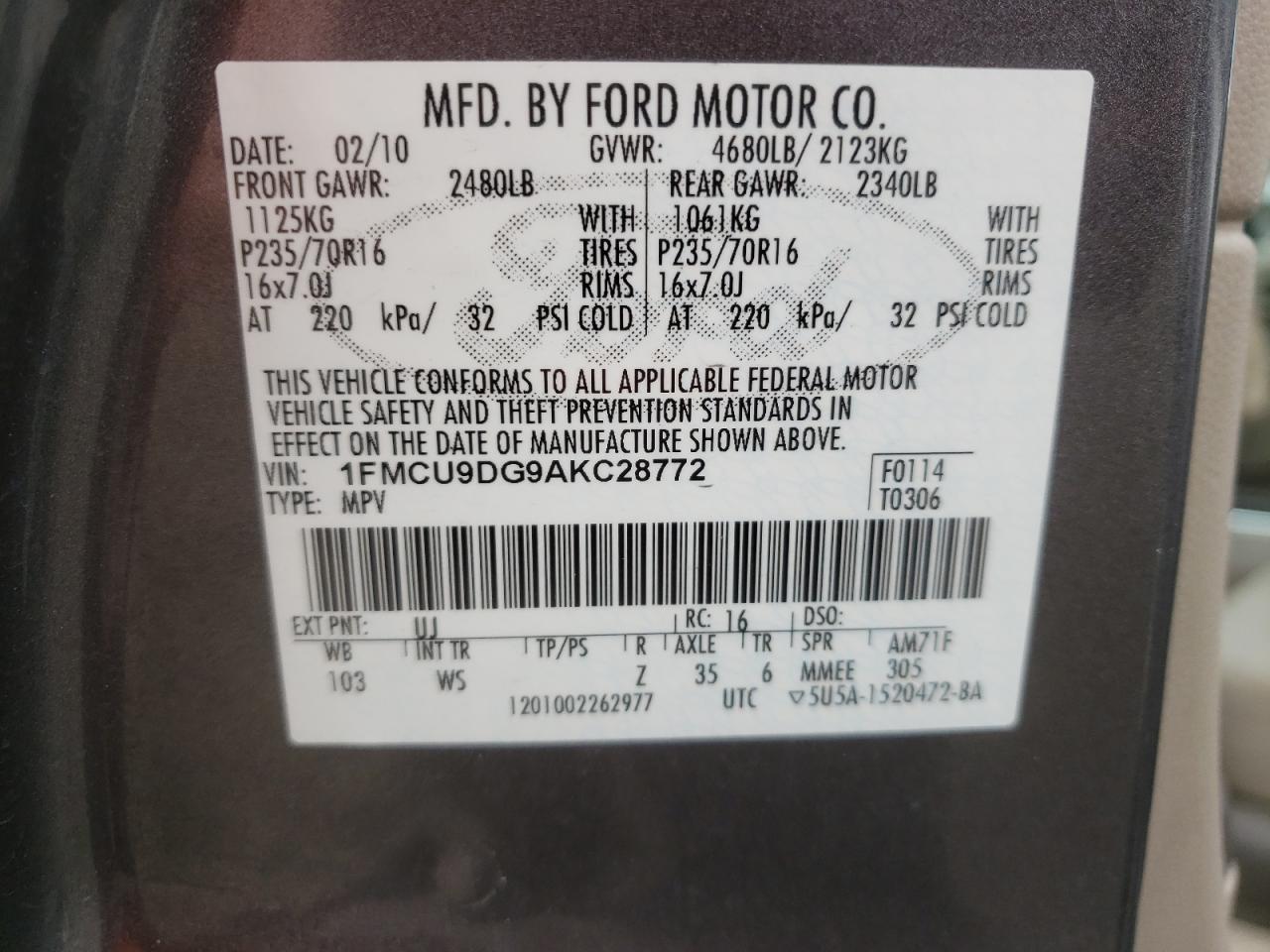 Photo 10 from auction – 2010 FORD ESCAPE with VIN 1FMCU9DG9AKC28772