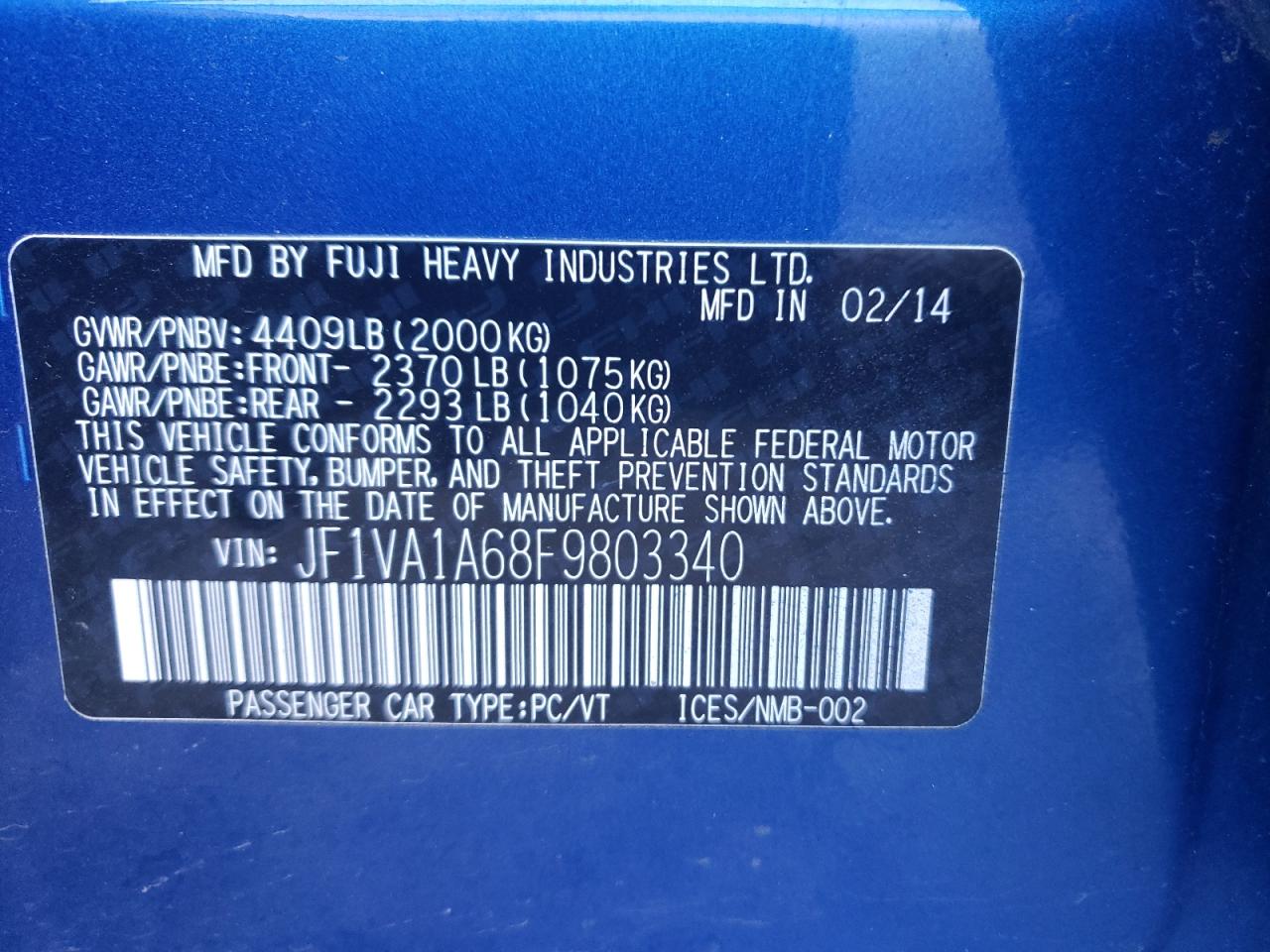 Photo 10 from auction – 2015 SUBARU WRX with VIN JF1VA1A68F9803340