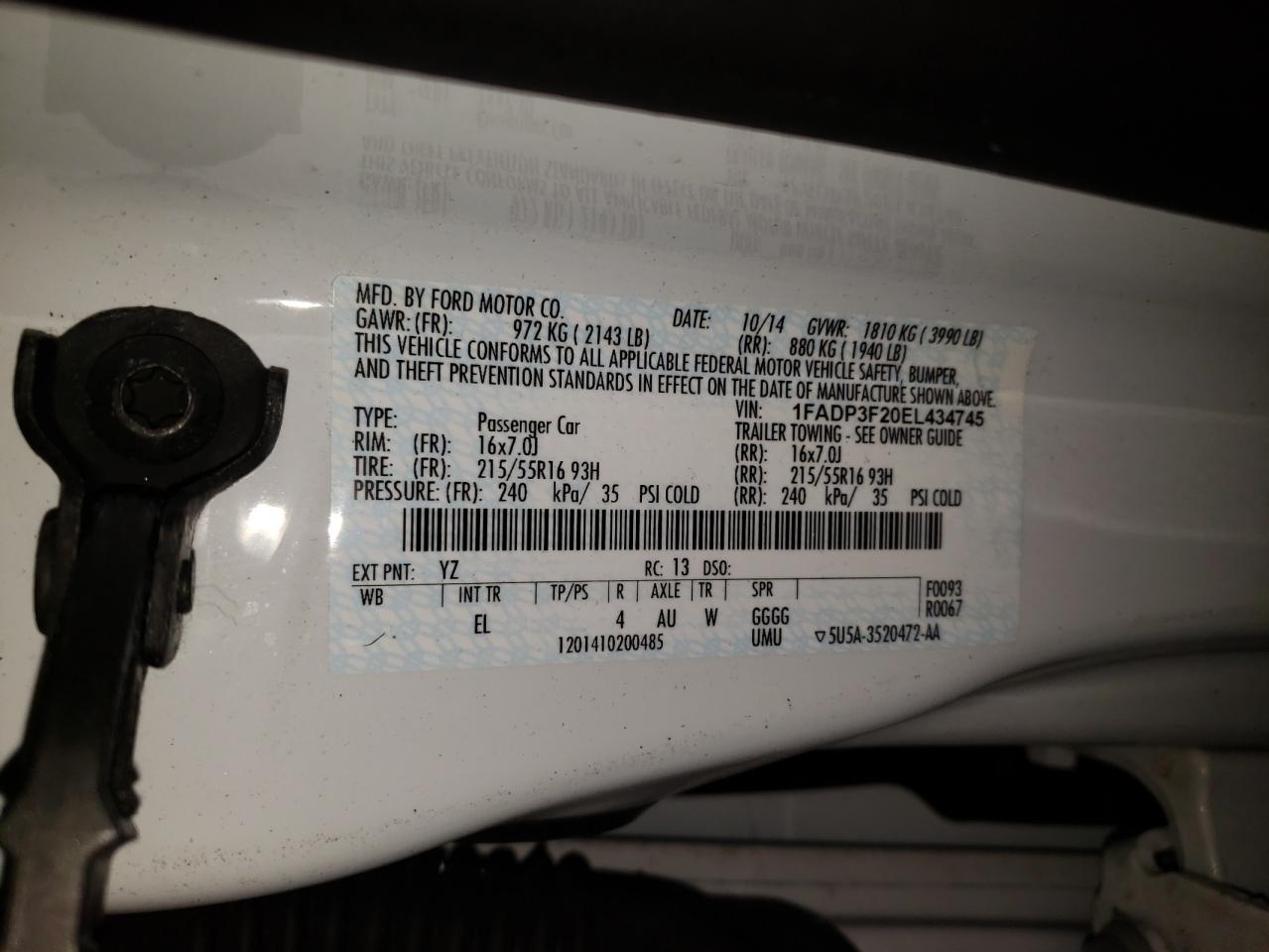 Photo 10 from auction – 2014 FORD FOCUS SE with VIN 1FADP3F20EL434745