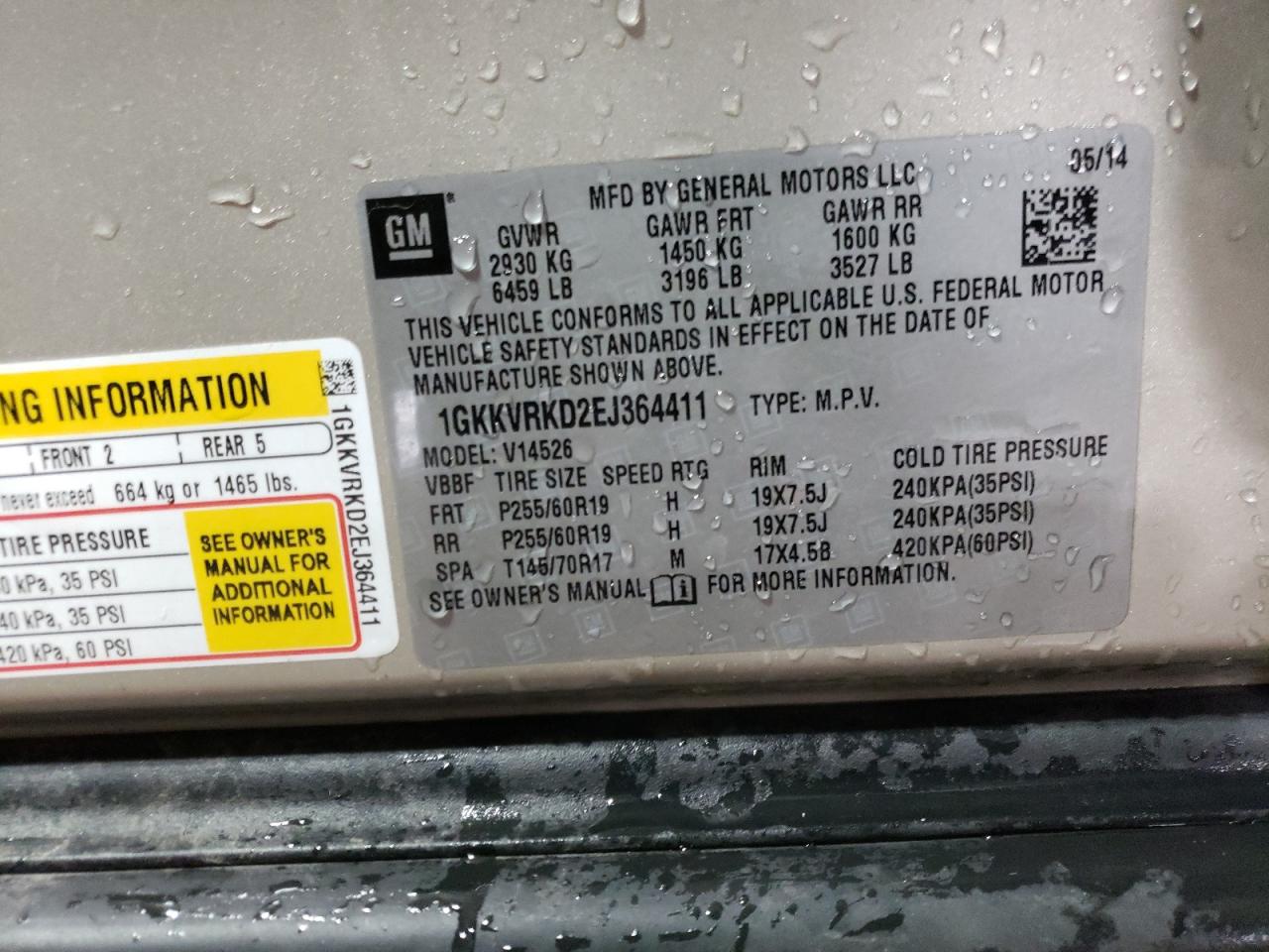 Photo 10 from auction – 2014 GMC ACADIA SLT with VIN 1GKKVRKD2EJ364411