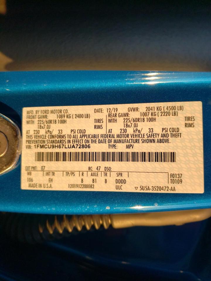 Photo 10 from auction – 2020 FORD ESCAPE SEL with VIN 1FMCU9H67LUA72806