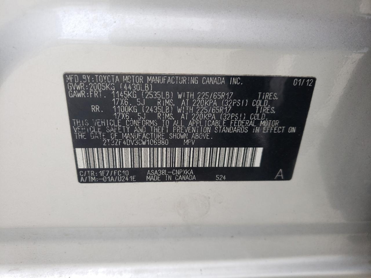 Photo 10 from auction – 2012 TOYOTA RAV4 with VIN 2T3ZF4DV3CW106980