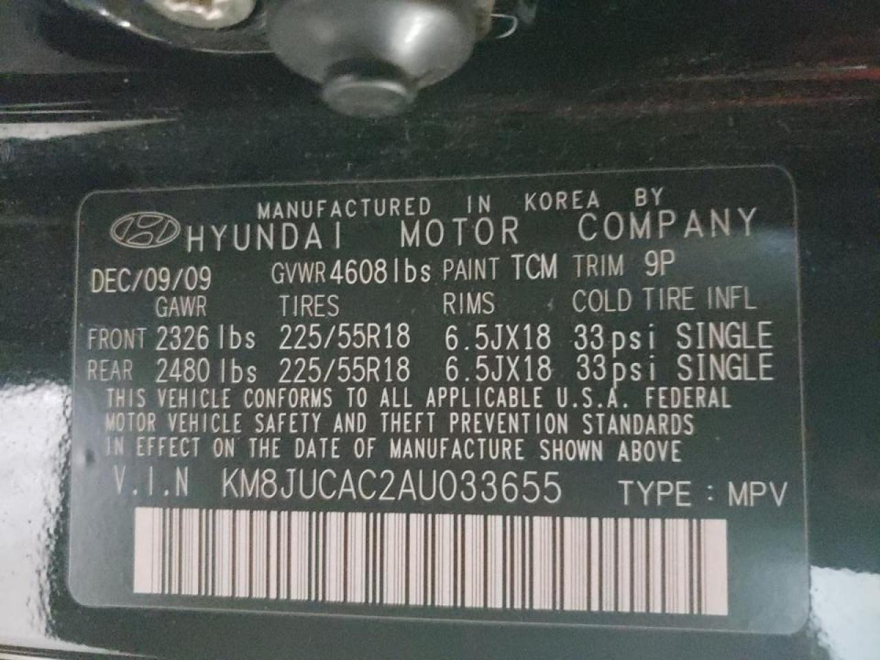 Photo 10 from auction – 2010 HYUNDAI TUCSON GLS with VIN KM8JUCAC2AU033655