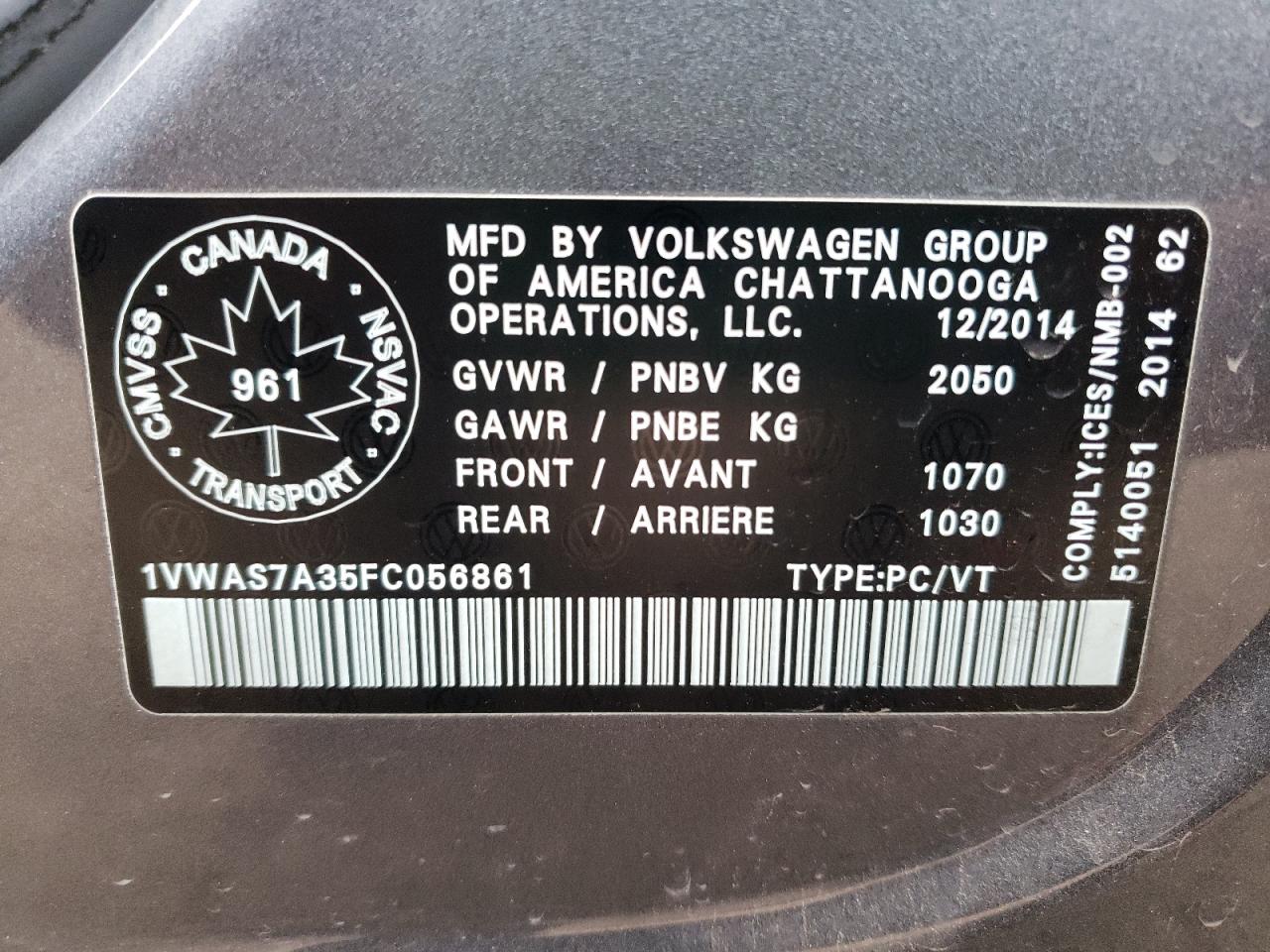 Photo 10 from auction – 2015 VOLKSWAGEN PASSAT S with VIN 1VWAS7A35FC056861