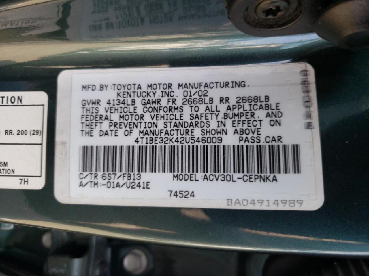 Photo 10 from auction – 2002 TOYOTA CAMRY LE with VIN 4T1BE32K42U546009