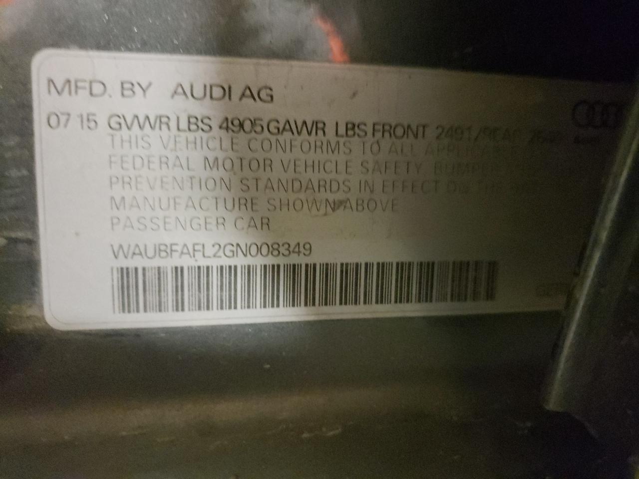 Photo 10 from auction – 2016 AUDI A4 PREMIUM with VIN WAUBFAFL2GN008349