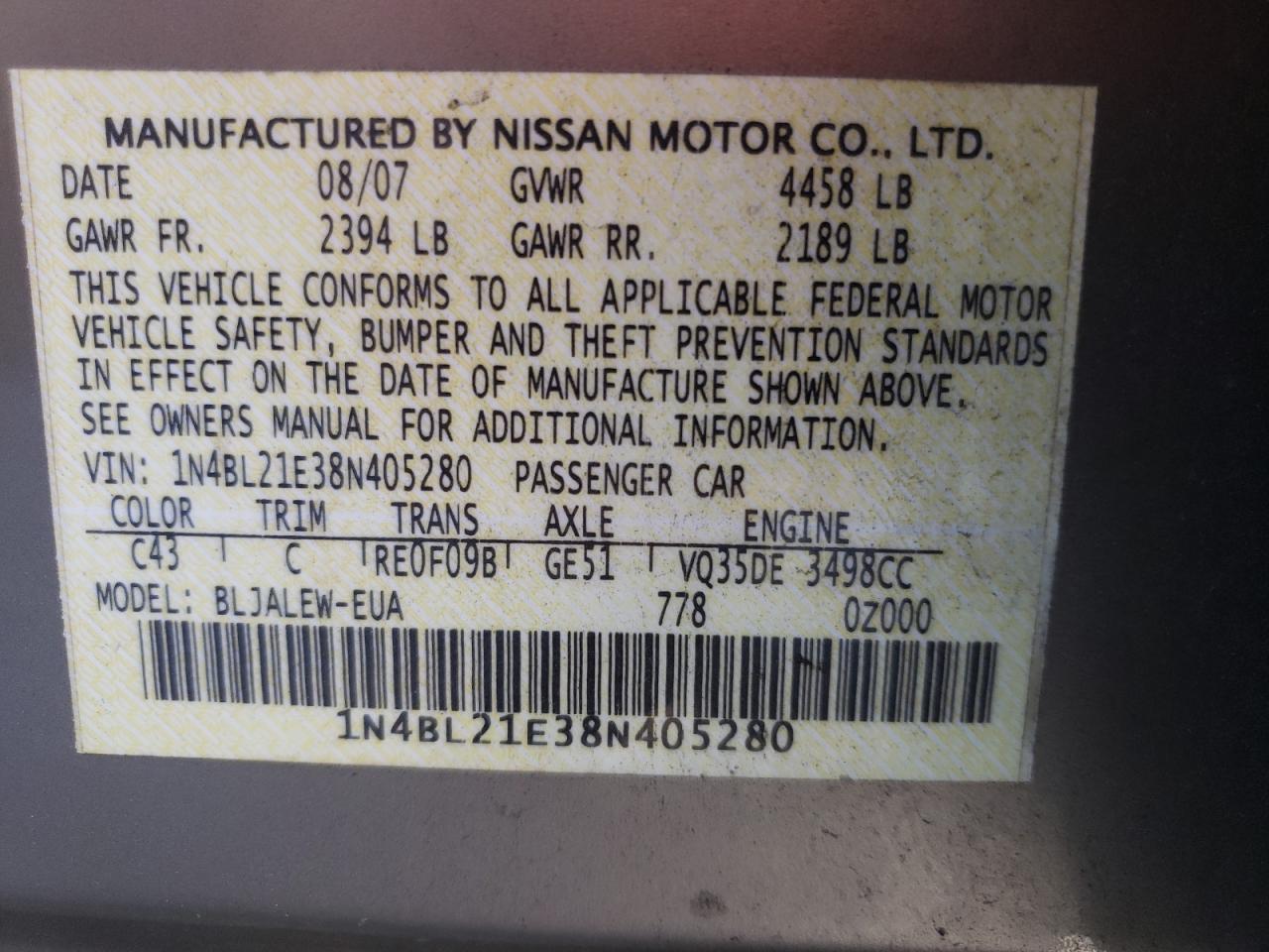 Photo 10 from auction – 2008 NISSAN ALTIMA 3.5 with VIN 1N4BL21E38N405280