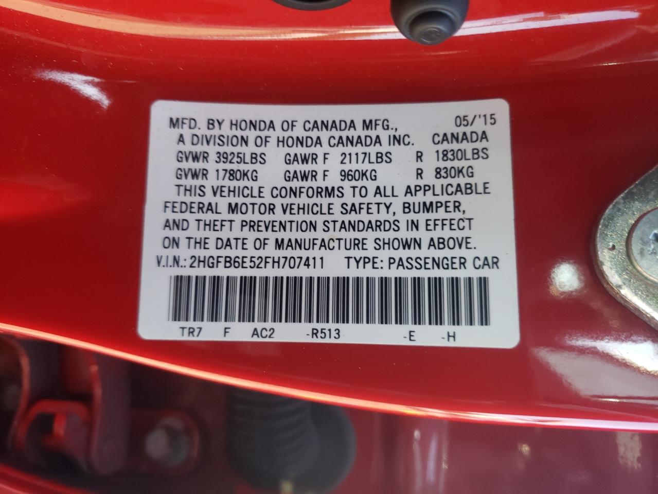 Photo 10 from auction – 2015 HONDA CIVIC SI with VIN 2HGFB6E52FH707411