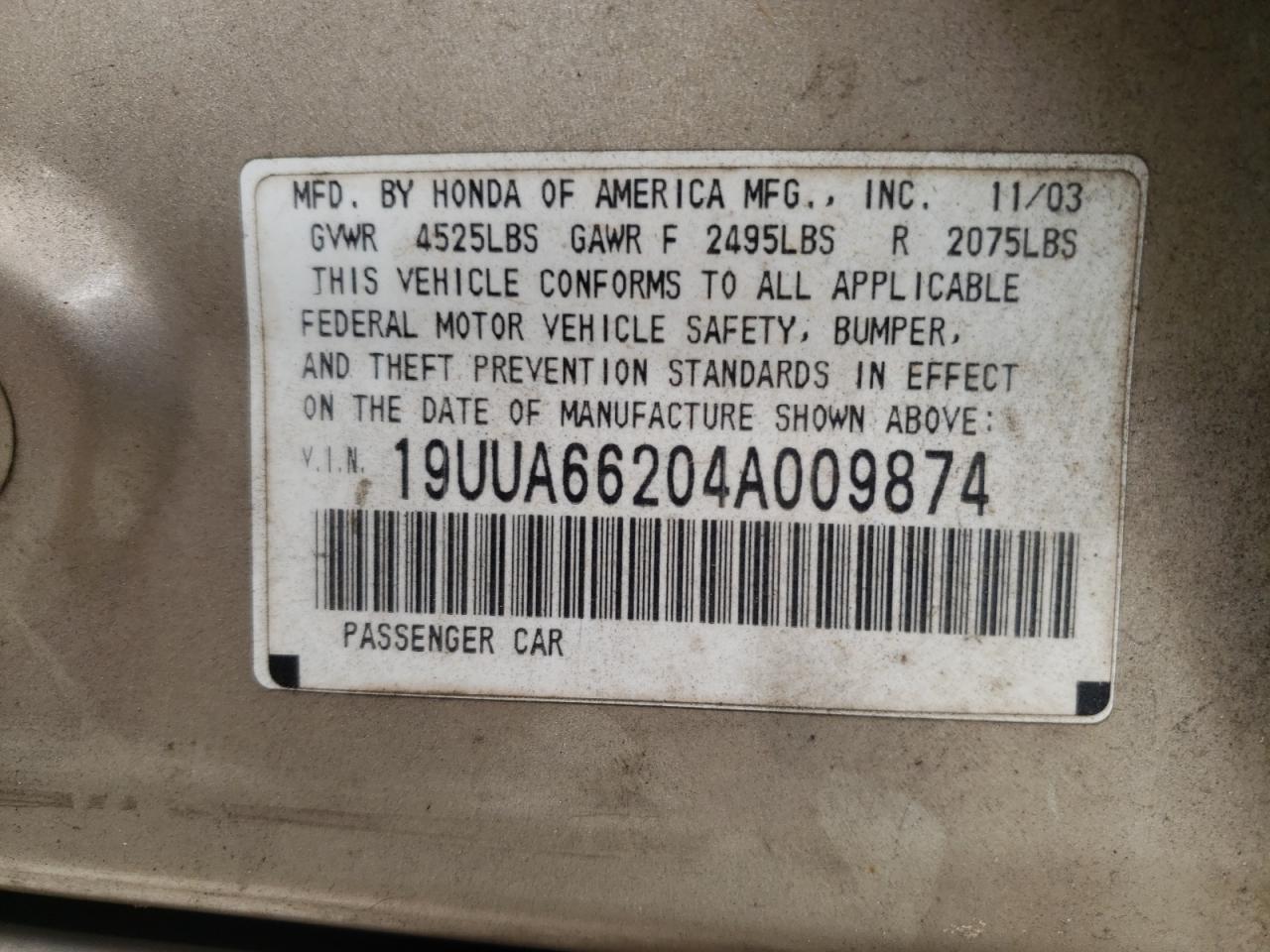 Photo 10 from auction – 2004 ACURA TL with VIN 19UUA66204A009874