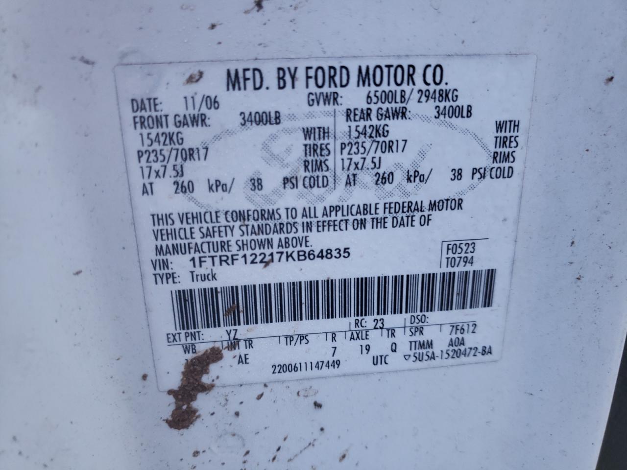 Photo 10 from auction – 2007 FORD F150 with VIN 1FTRF12217KB64835