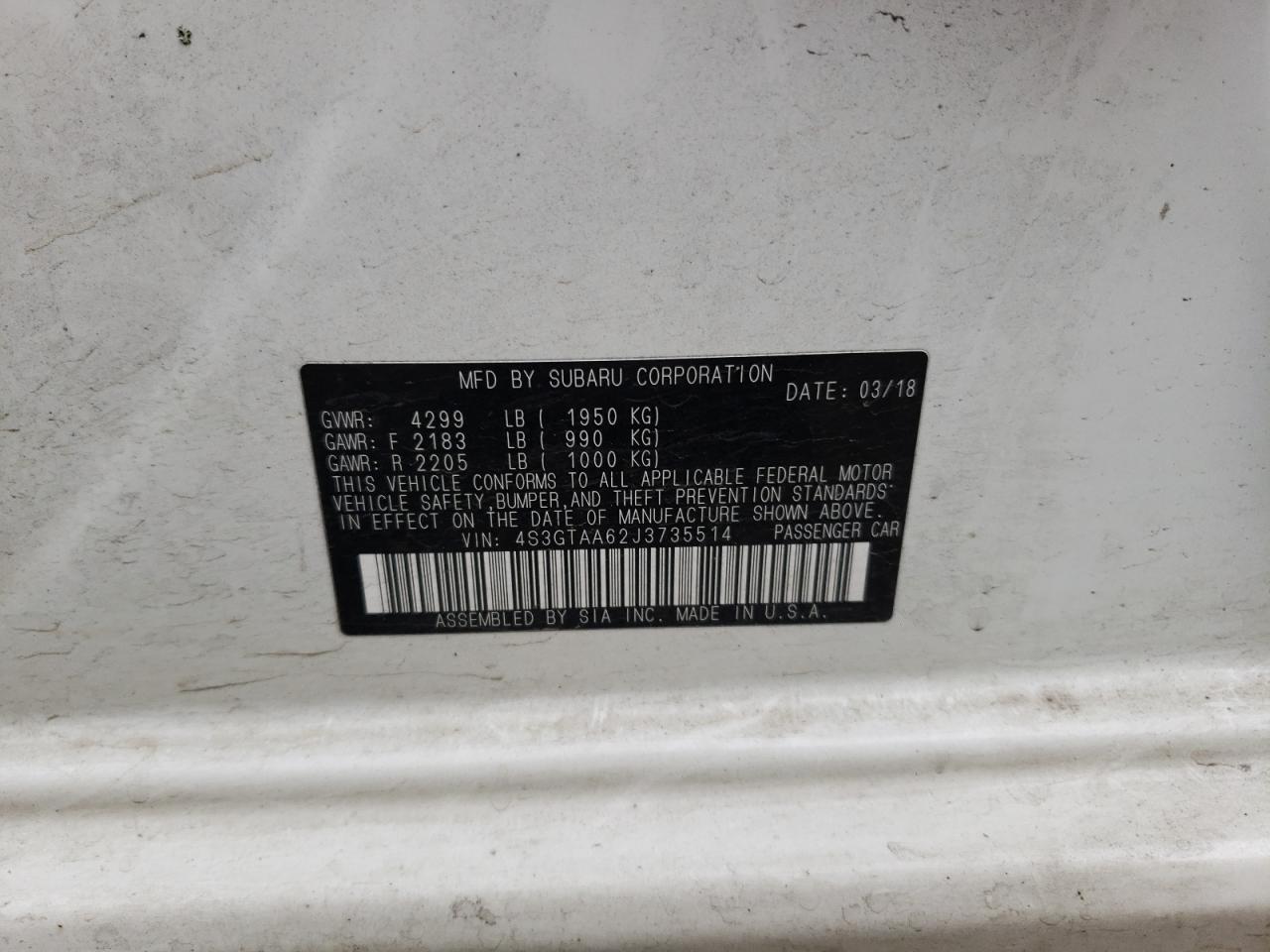 Photo 10 from auction – 2018 SUBARU IMPREZA with VIN 4S3GTAA62J3735514